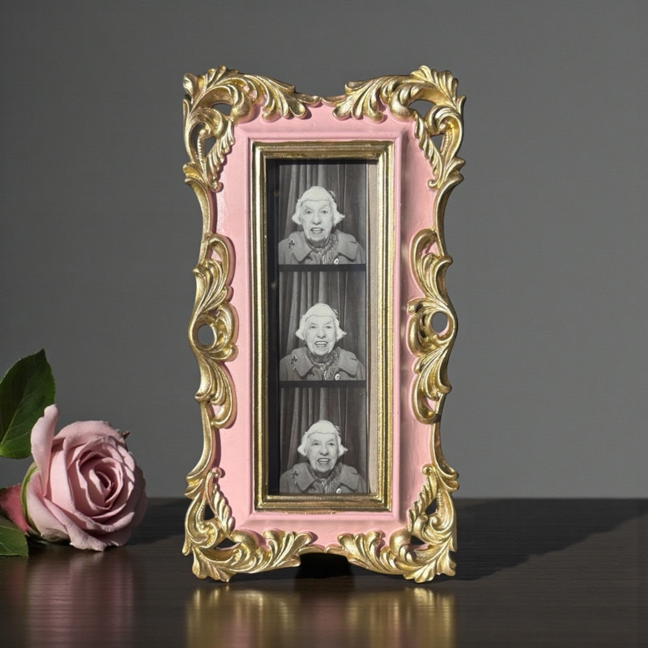 Decorative 2x6 photo booth frame in pink and gold